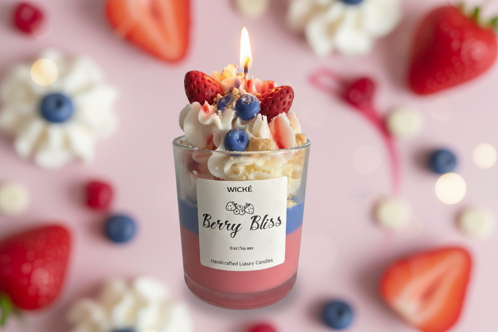 Wické Berry Bliss candle with fruit toppings on a white background