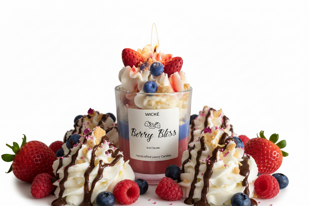 Wické Berry Bliss candle with fruit toppings on a white background