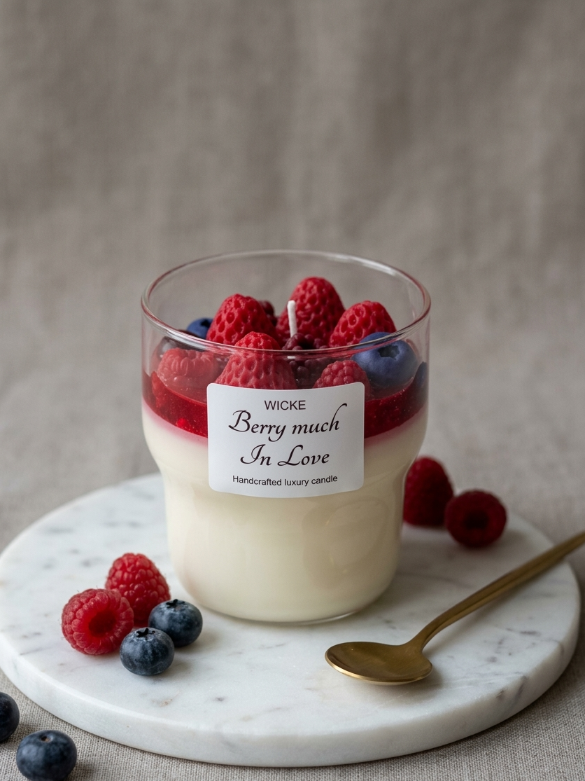 Wicke berry-themed candle with raspberries and blueberries on a marble coaster.