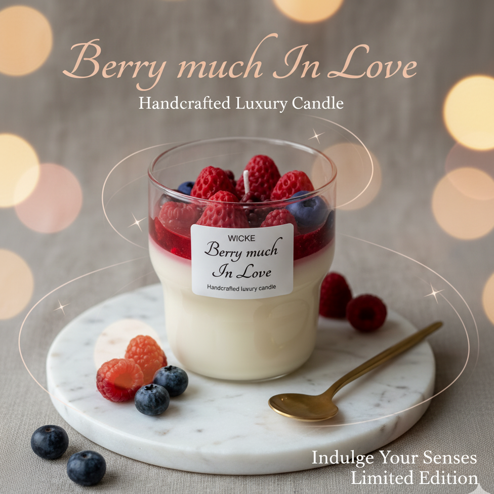 Handcrafted luxury candle with berries on a marble tray against a bokeh background