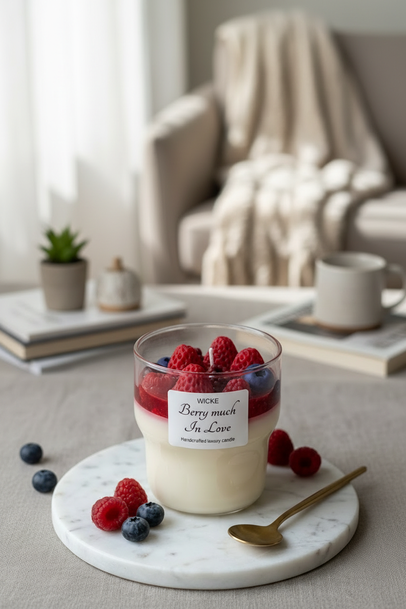 Wicke berry-themed candle with raspberries and blueberries on a marble coaster.