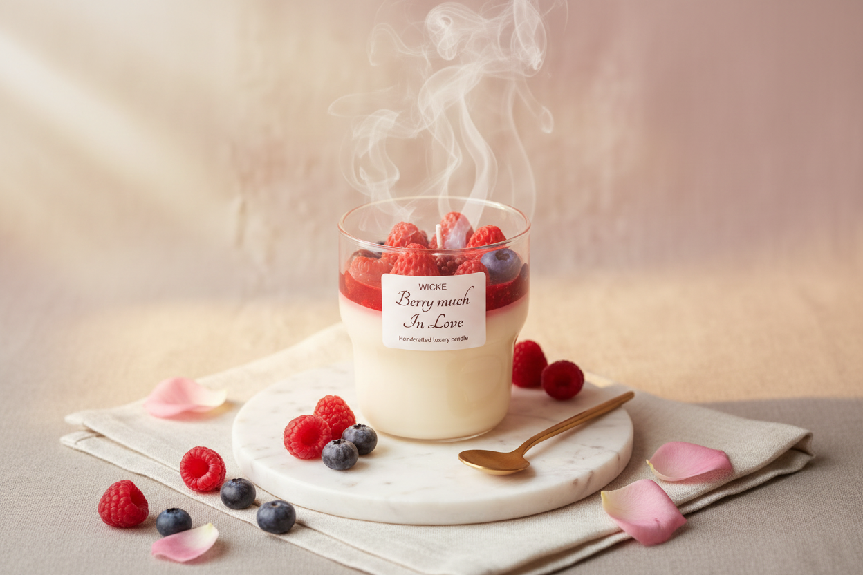 Wicke berry-themed candle with raspberries and blueberries on a marble coaster.