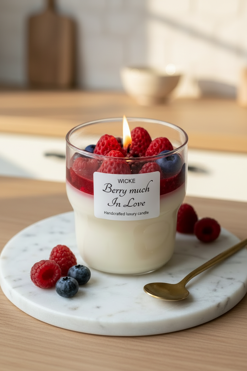 Wicke berry-themed candle with raspberries and blueberries on a marble coaster.