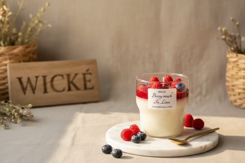 Wicke berry-themed candle with raspberries and blueberries on a marble coaster.