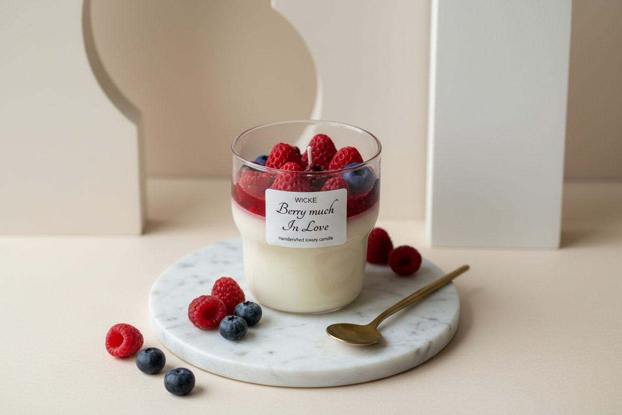 Wicke berry-themed candle with raspberries and blueberries on a marble coaster.