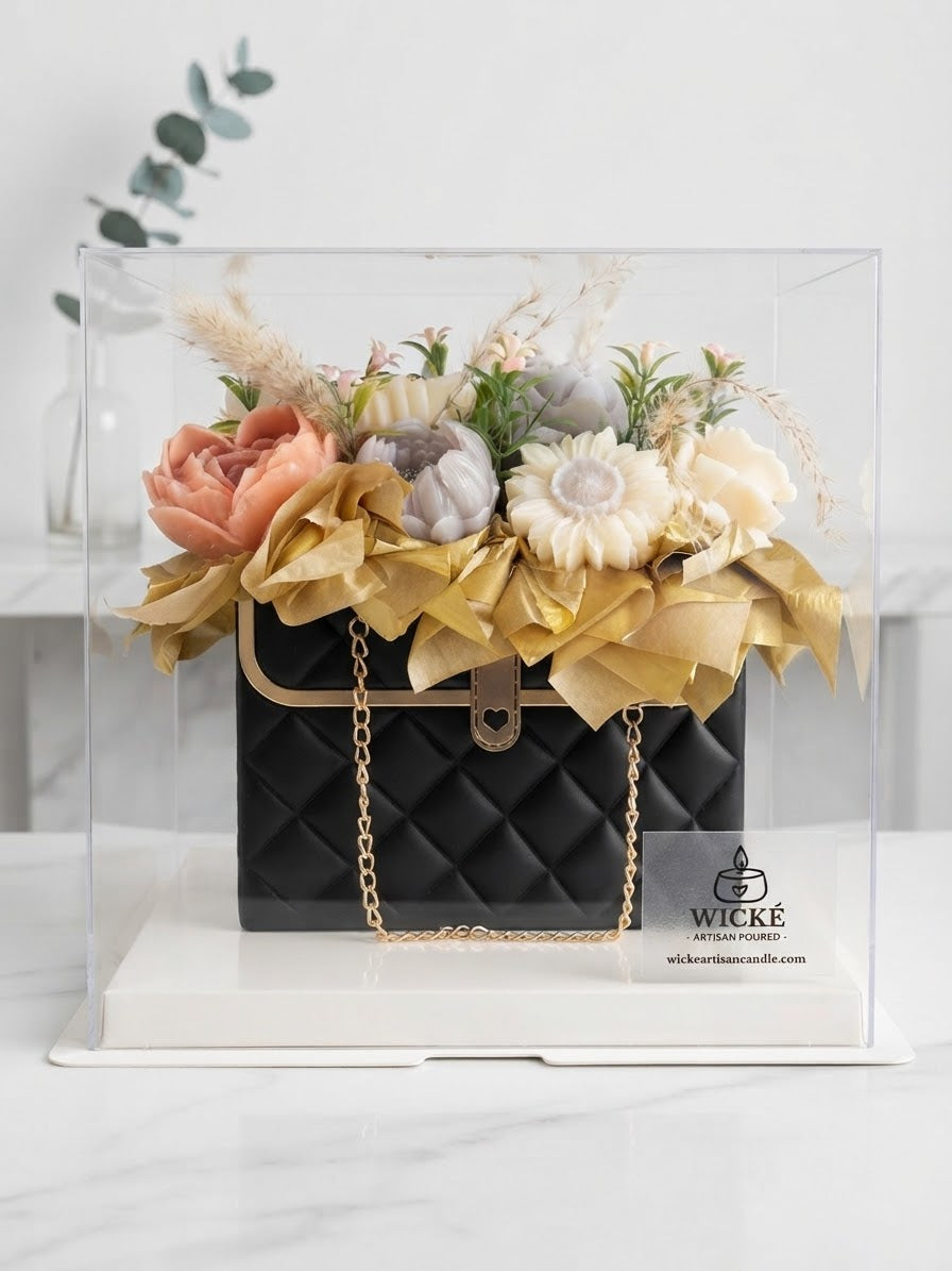 Black Floral Purse Candle Bouquet by Wické, made with hand-poured wax