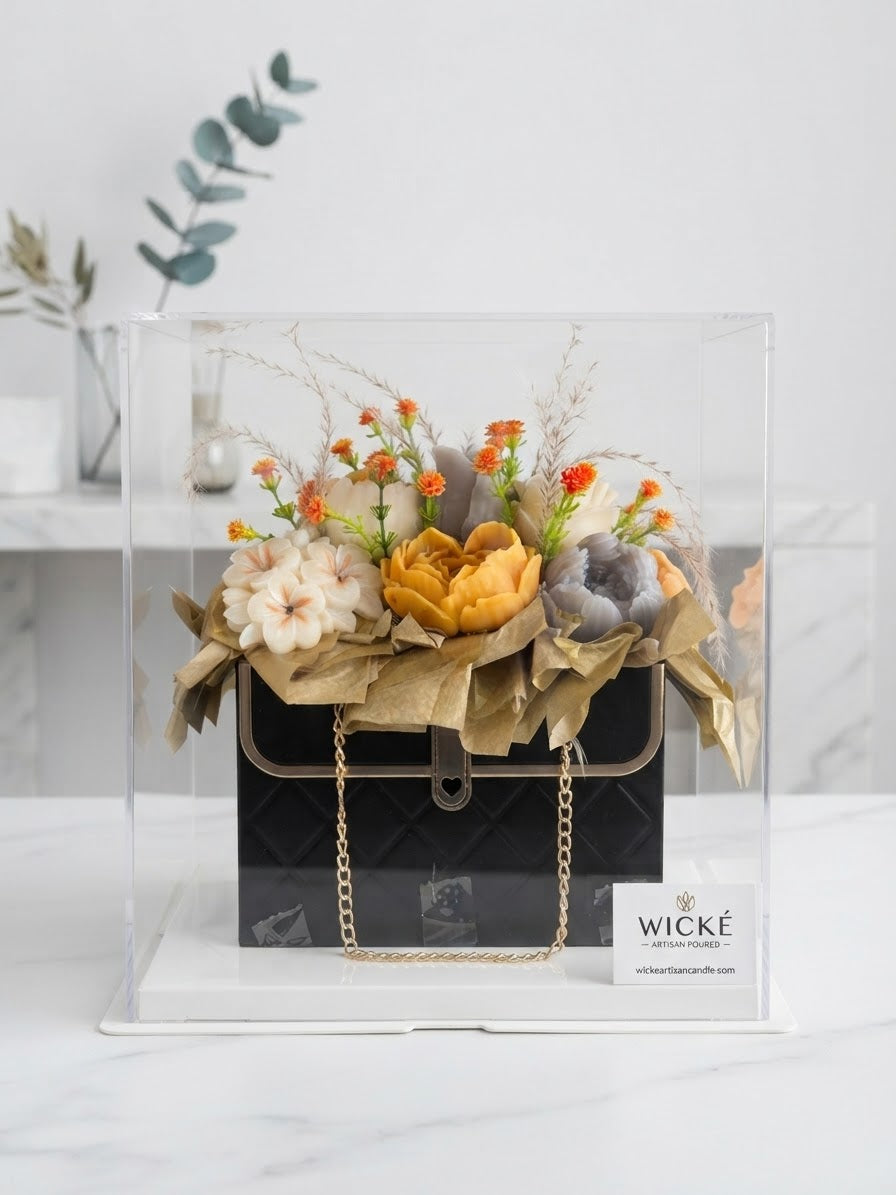 Black Floral Purse Candle Bouquet — hand-shaped from wax into roses, peonies and greenery