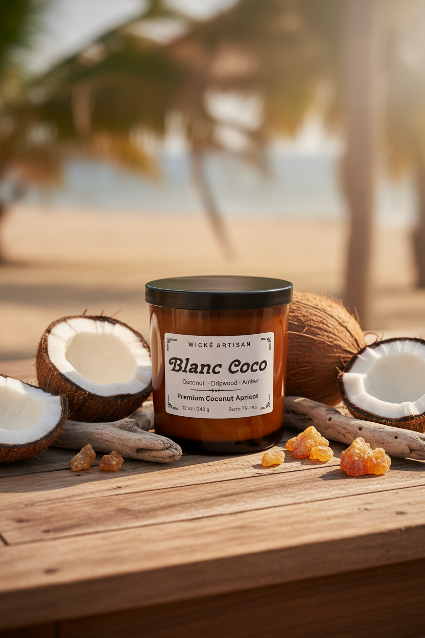 An amber glass jar candle with a black lid and a white label reading 'WICK™ ARTISAN Blanc Coco Coconut - Dripwood - Amber Premium Coconut Apricot' on a white background.