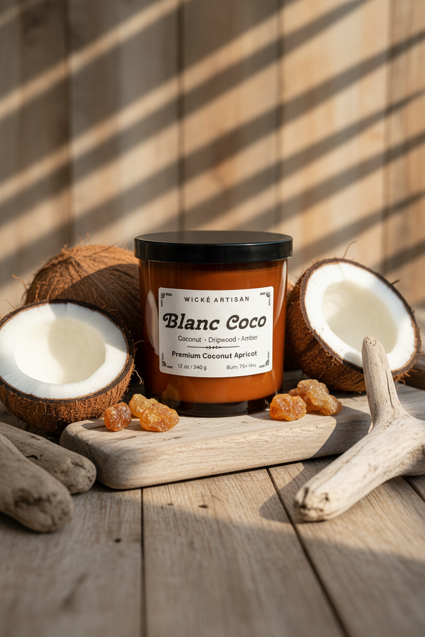 An amber glass jar candle with a black lid and a white label reading 'WICK™ ARTISAN Blanc Coco Coconut - Dripwood - Amber Premium Coconut Apricot' on a white background.