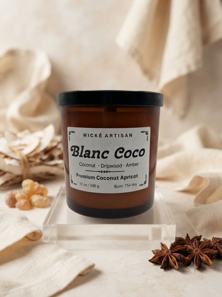 A Wické Artisan 'Blanc Coco' scented candle in an amber glass jar with a black lid, displayed on a clear acrylic block with dried star anise and coconut flakes in a warm, neutral setting.
