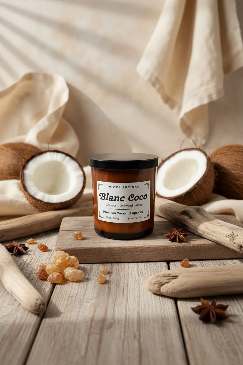 A Wické Artisan 'Blanc Coco' scented candle in an amber glass jar with a black lid, displayed on a clear acrylic block with dried star anise and coconut flakes in a warm, neutral setting.