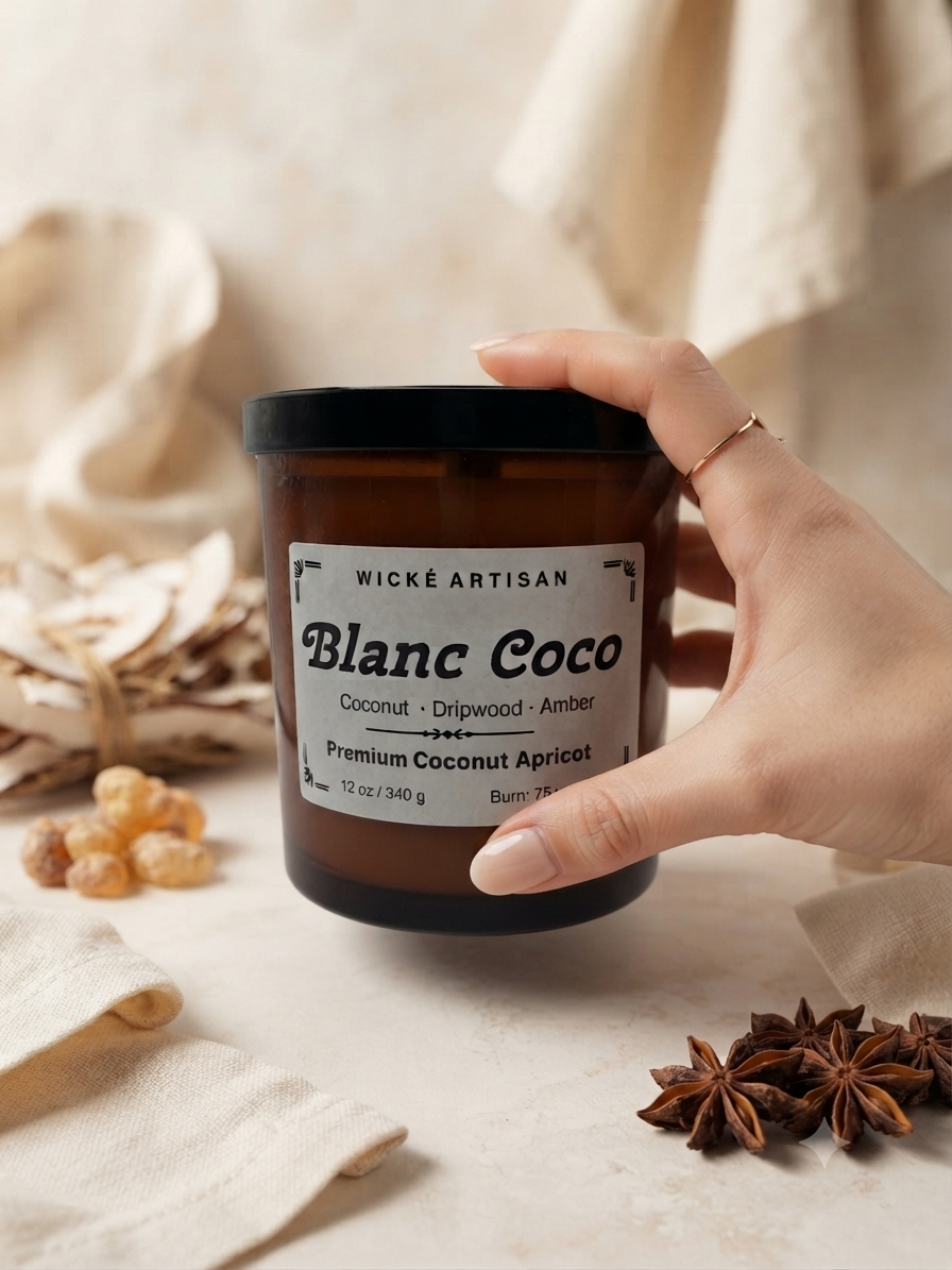 A hand holds a brown amber glass jar candle labeled 'Blanc Coco' by Wické Artisan. The candle is styled on a neutral beige fabric surface with dried botanicals and star anise around it.