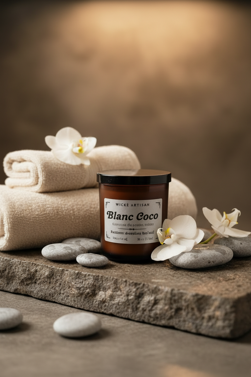 A hand holds a black candle jar labeled 'Mangrove Coast' on a rustic wooden side table in a cozy living room with a brown armchair, throw blanket, fireplace, and a round mirror in the background.