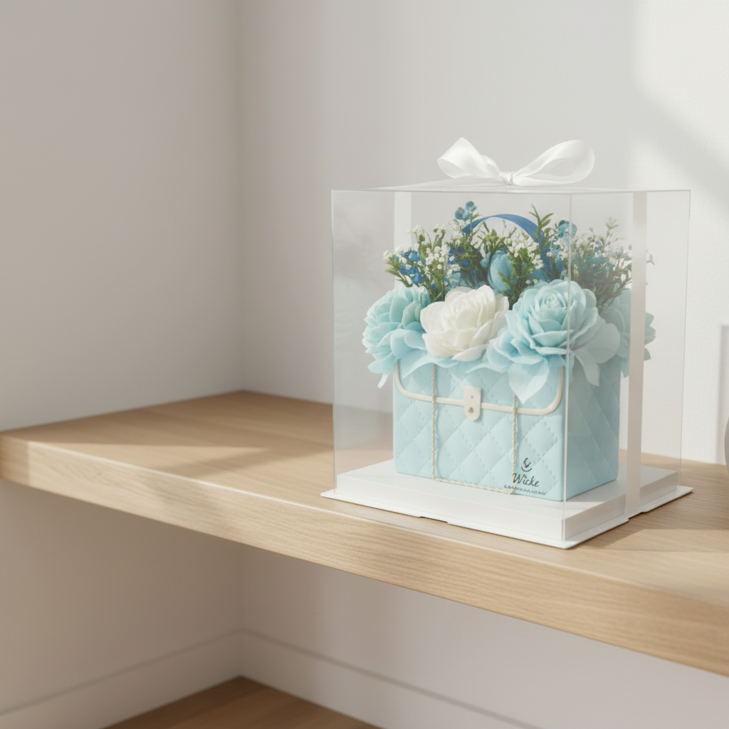 The 'Coastal Breeze' blue quilted floral purse candle bouquet by Wické Artisan Candle, perfectly gift-presented inside its clear premium acrylic display box with a clean white satin bow, resting on a sophisticated light textured backdrop.