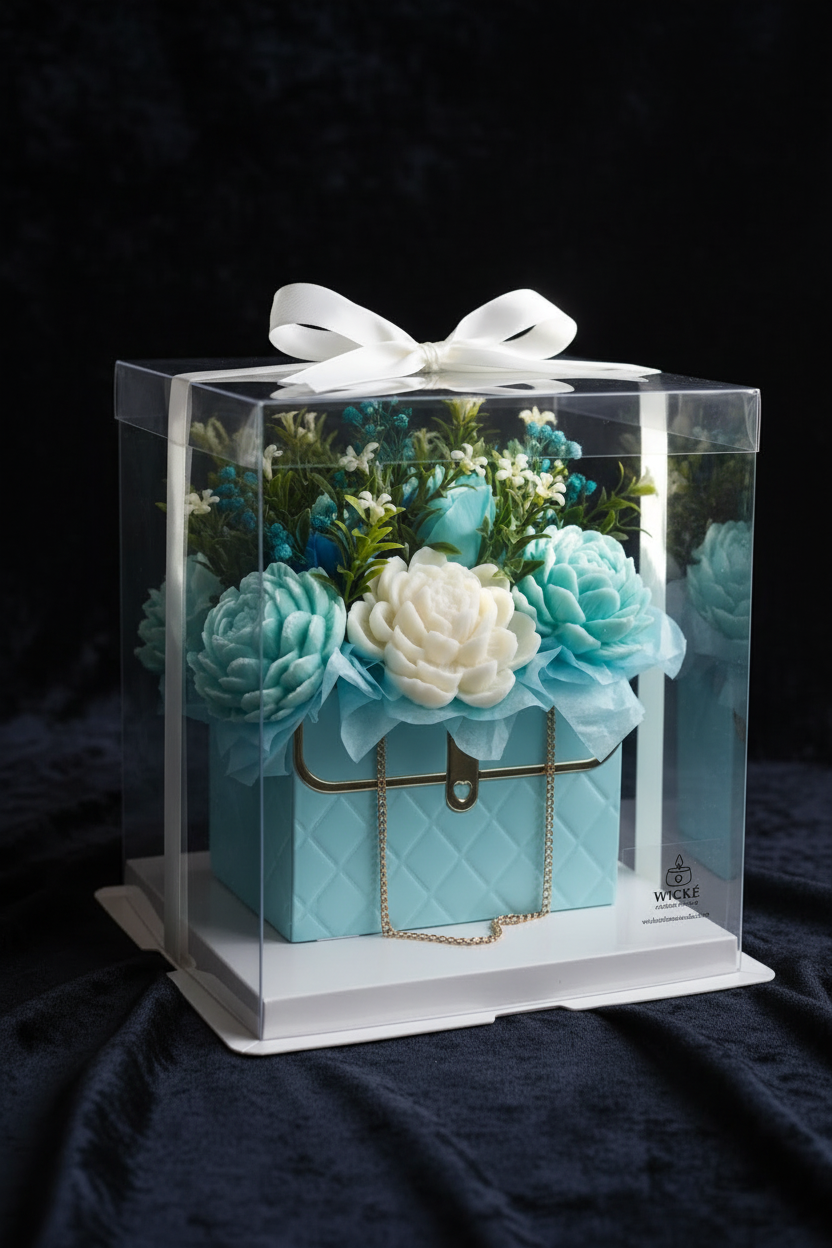 Dramatic high-contrast product photo of the Wické blue quilted floral purse candle, gift-boxed and bowed, highlighted against a deep navy velvet background.