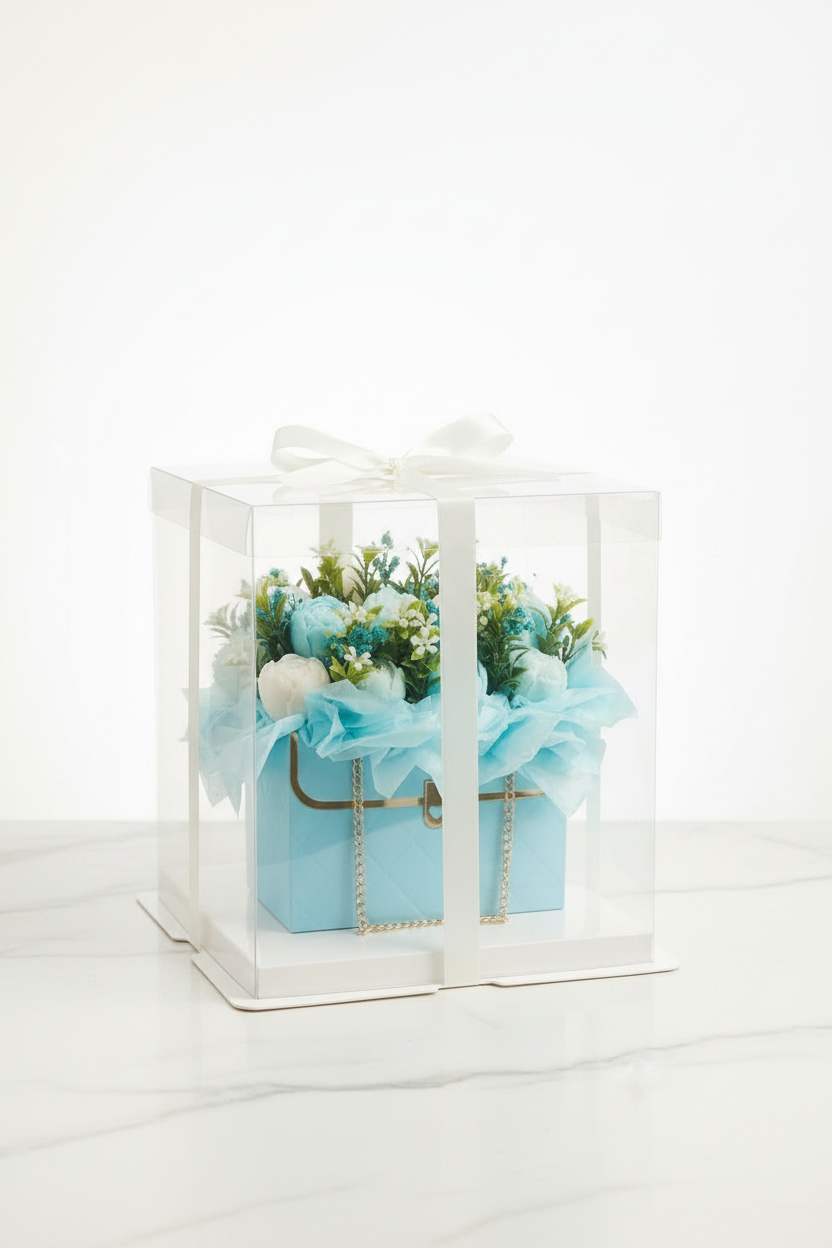 A premium blue quilted floral purse candle bouquet by Wické Artisan Candle, perfectly presented inside its clear acrylic display box with white bow, resting on a sleek white marble vanity.