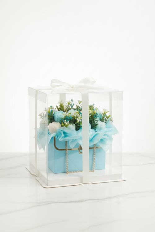Blue Floral Purse Candle Bouquet by Wické, made with hand-poured wax