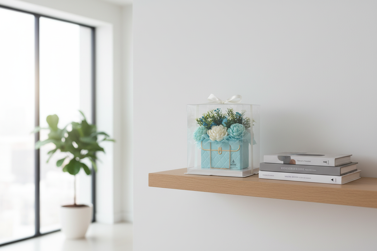 A curated lifestyle view of the Wické blue floral purse candle in its gift packaging, styled on a modern oak shelf in a bright, Scandinavian-inspired living space.