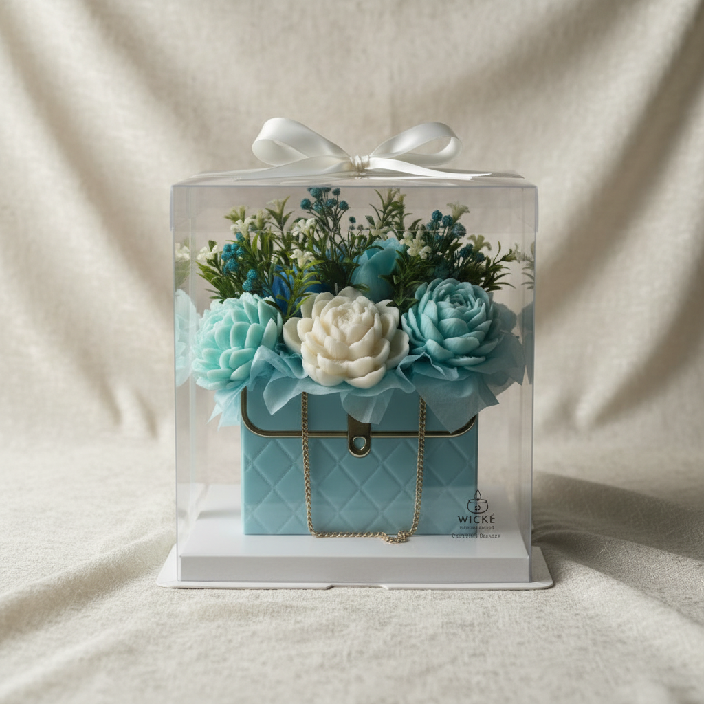 The 'Coastal Breeze' blue quilted floral purse candle bouquet by Wické Artisan Candle, perfectly gift-presented inside its clear premium acrylic display box with a clean white satin bow, resting on a sophisticated light textured backdrop.