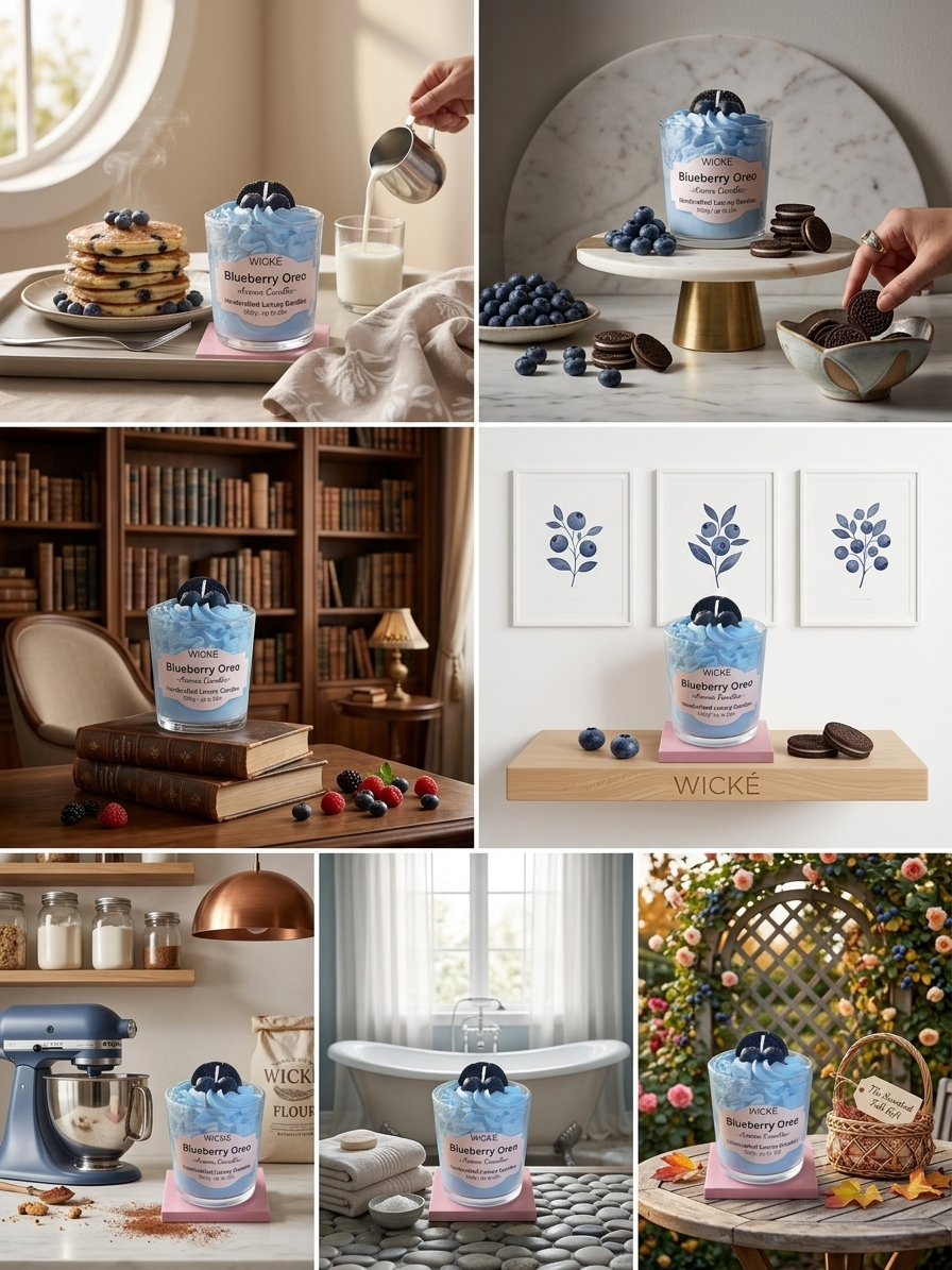 A 6-panel collage showing a blue and white berry-themed candle in different styled home environments, including a bedroom, kitchen, library, and bathroom. The candle is displayed on a pink and white base, with blueberries and cookies used as props.