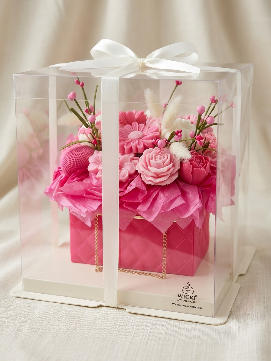 The 'Blush Garden' luxury pink quilted floral purse candle bouquet by Wické Artisan Candle, meticulously presented inside its premium clear acrylic display gift box with a white satin ribbon bow.