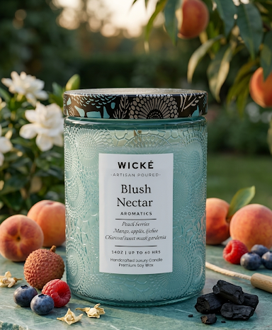Wicke candle labeled 'Blush Nectar' with peaches and berries in the background