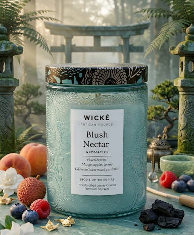 Wicke Blush Nectar candle jar with decorative elements in a serene setting