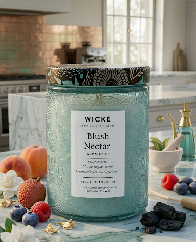Wické candle labeled 'Blush Nectar' on a kitchen counter with fruits and kitchen items.