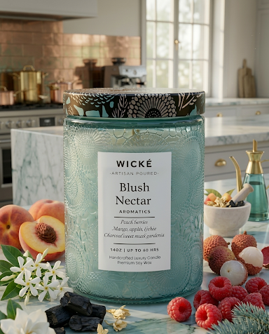 Wické candle in a kitchen setting with fruits and flowers