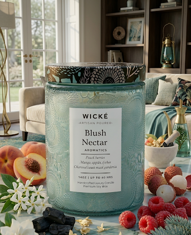 Wicke candle in a decorative setting with fruits and flowers