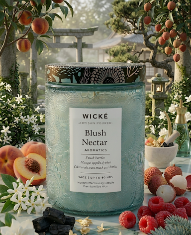Wické candle labeled 'Blush Nectar' surrounded by fruits and flowers in a scenic setting