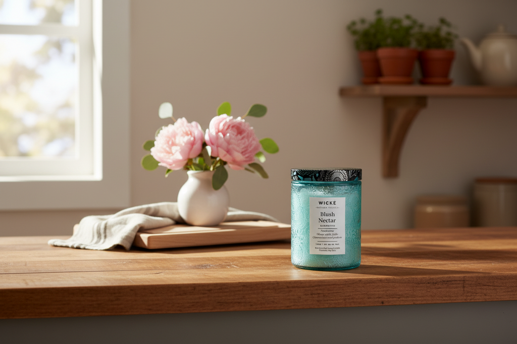 Wické Blush Nectar candle in a textured glass jar on a white background