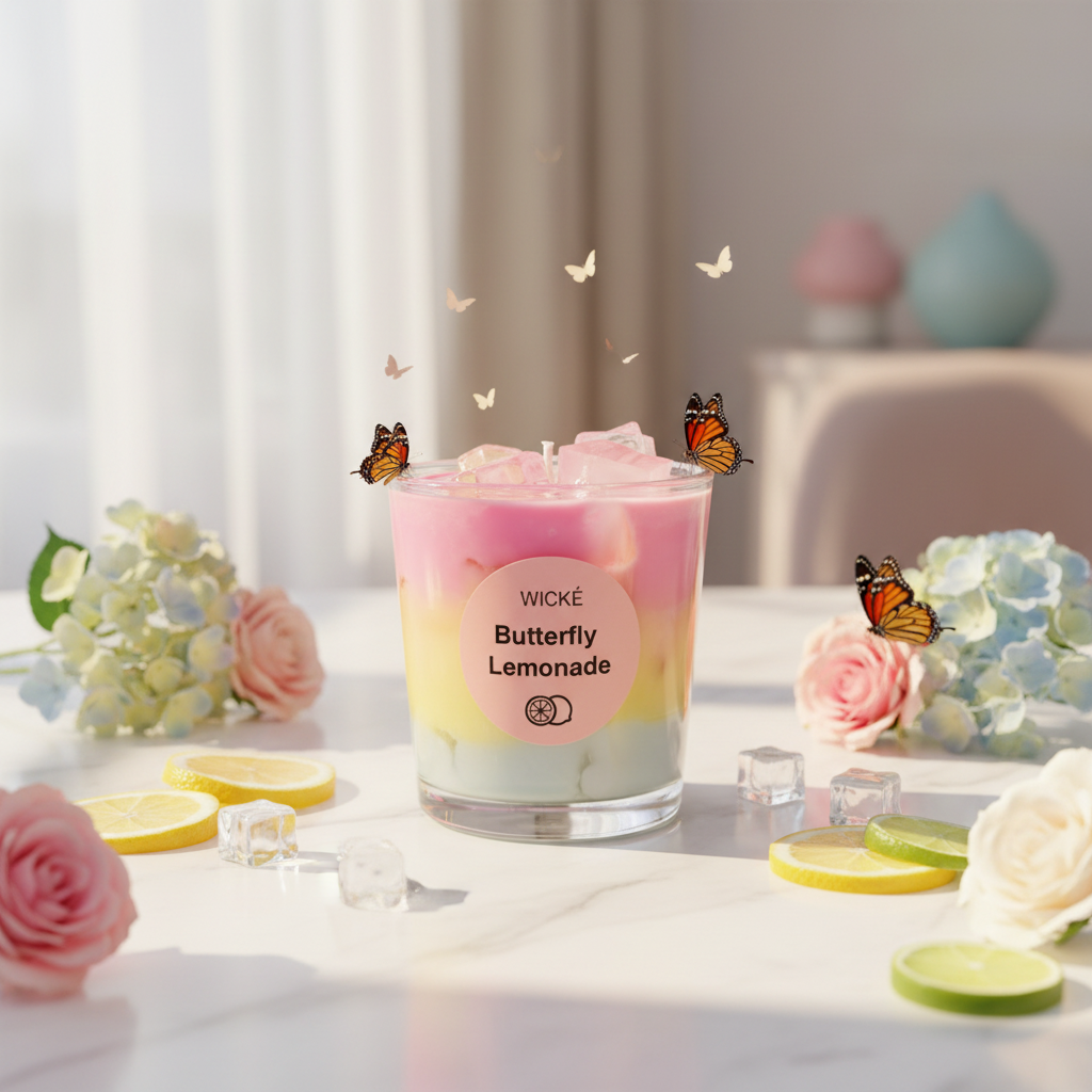 Wické Butterfly Lemonade candle in a glass container on a white background
