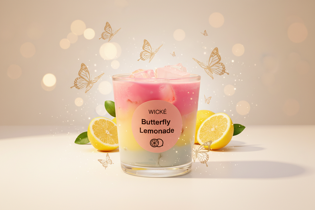 Wické Butterfly Lemonade candle in a glass container on a white background