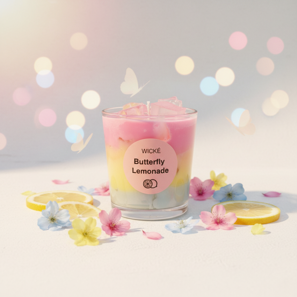 Wické Butterfly Lemonade candle in a glass container on a white background