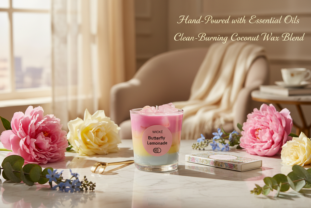 Wické Butterfly Lemonade candle in a glass container on a white background