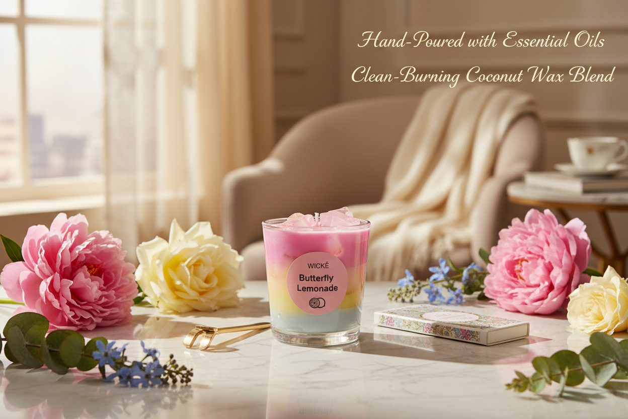 Wické Butterfly Lemonade candle in a glass container on a white background