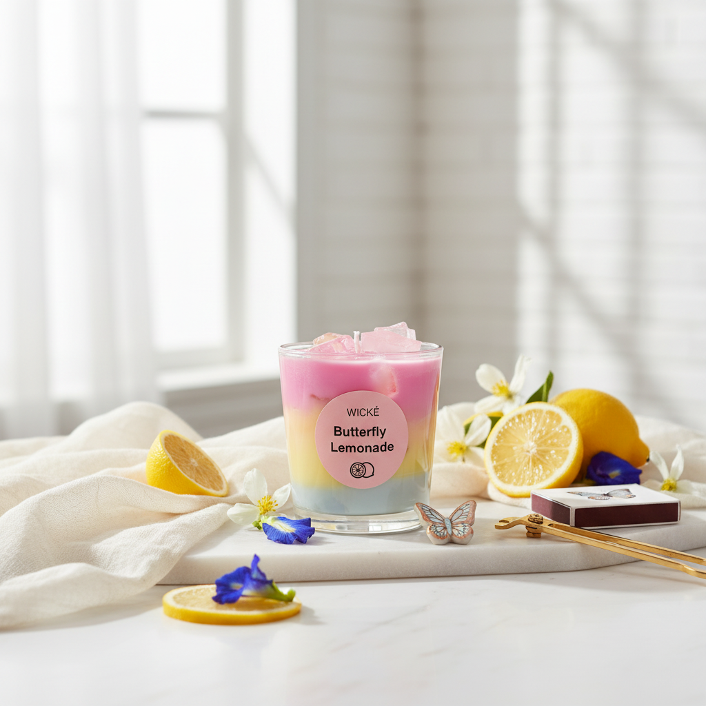 Wické Butterfly Lemonade candle in a glass container on a white background
