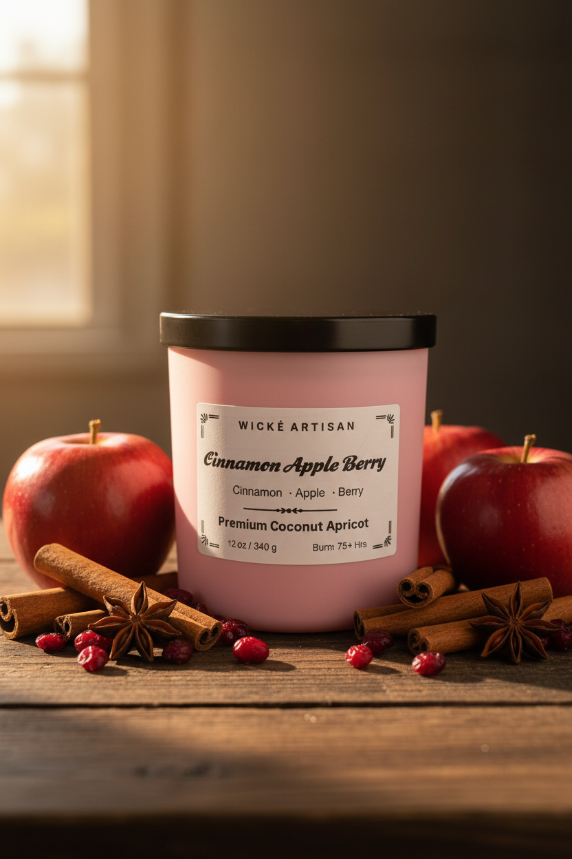 A pink candle jar with a black lid and a white label reading 'WICK E ARTISAN Cinnamon Apple Berry', photographed inside a white box.