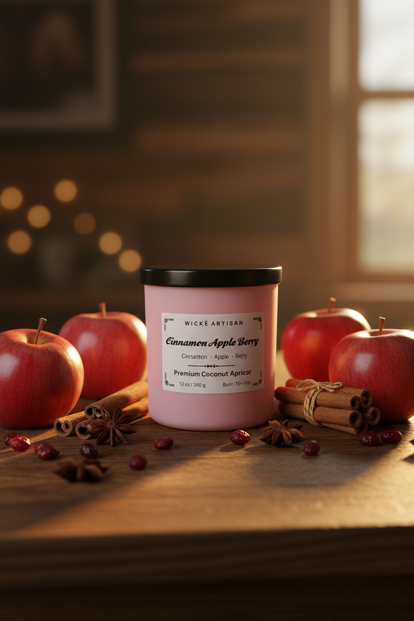 A pink candle jar with a black lid and a white label reading 'WICK E ARTISAN Cinnamon Apple Berry', photographed inside a white box.