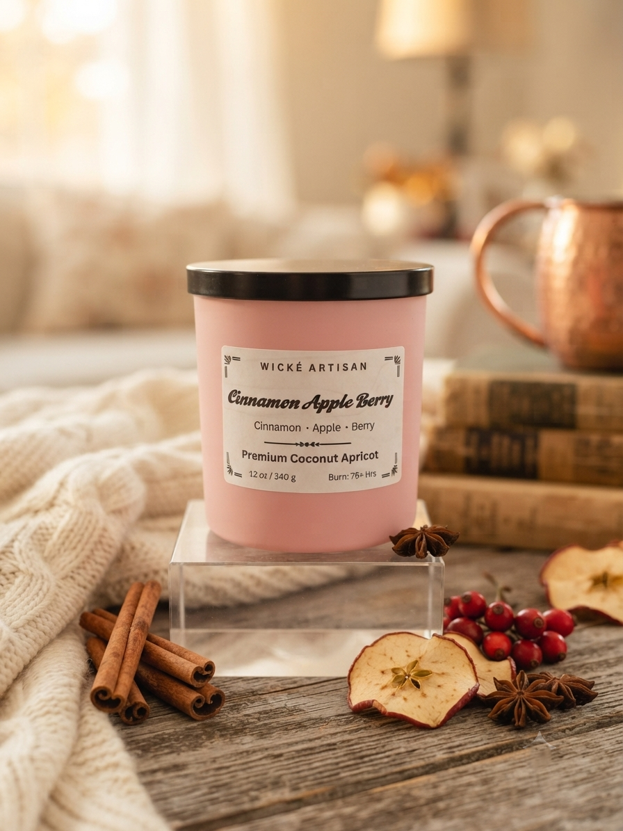 A pink scented candle by Wické Artisan sits on a clear acrylic riser on a rustic wooden table. The candle is styled with cinnamon sticks, dried apple slices, star anise, and red berries, with a cozy, warm background featuring a copper mug and books.