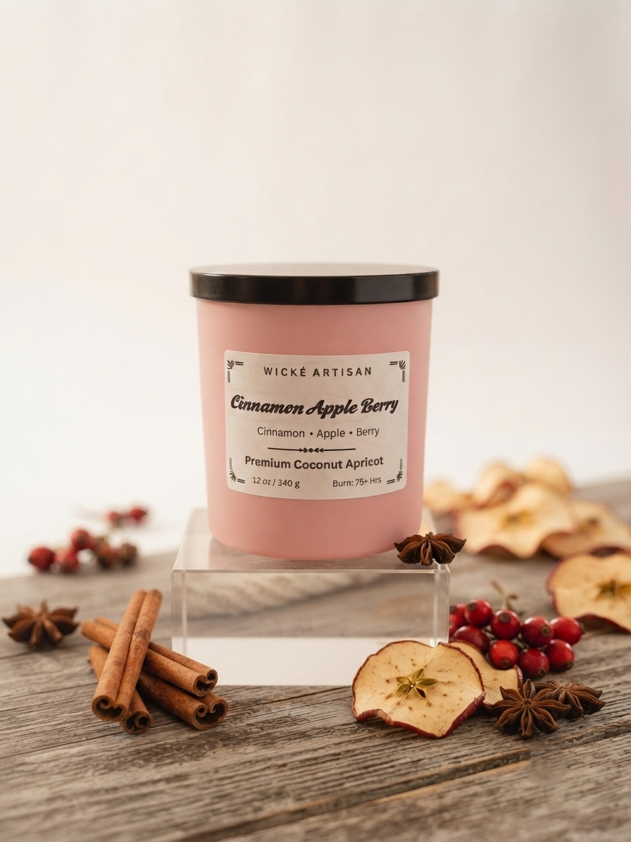 A pink scented candle in a clear jar with a black lid sits on a clear acrylic riser on a rustic wooden surface. The candle is labeled 'Wicki Artisan Cinnamon Apple Berry' and is styled with cinnamon sticks, dried apple slices, star anise, and red berries in the background.