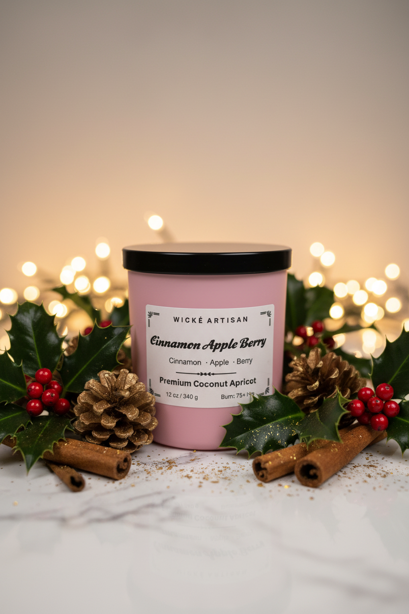 A pink candle jar with a black lid and a white label reading 'WICK E ARTISAN Cinnamon Apple Berry', photographed inside a white box.