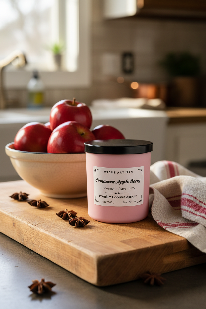A pink candle jar with a black lid and a white label reading 'WICK E ARTISAN Cinnamon Apple Berry', photographed inside a white box.