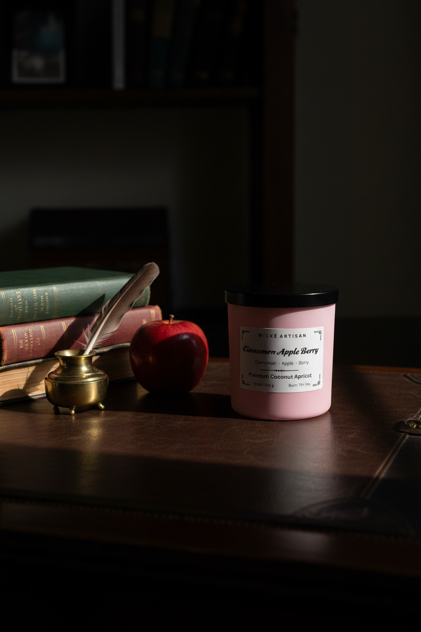 A pink candle jar with a black lid and a white label reading 'WICK E ARTISAN Cinnamon Apple Berry', photographed inside a white box.