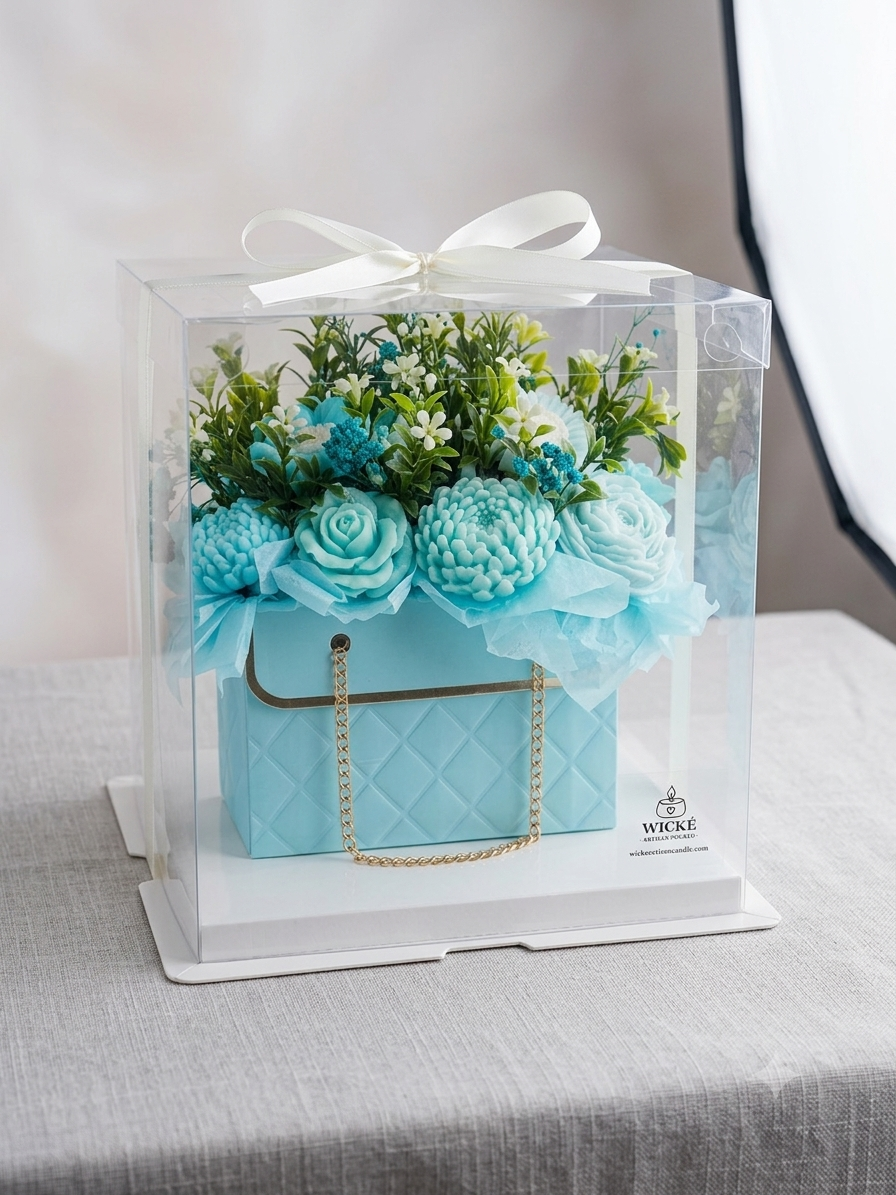 The 'Coastal Breeze' blue quilted floral purse candle bouquet by Wické Artisan Candle, perfectly gift-presented inside its clear premium acrylic display box with a clean white satin bow, resting on a sophisticated light textured backdrop.