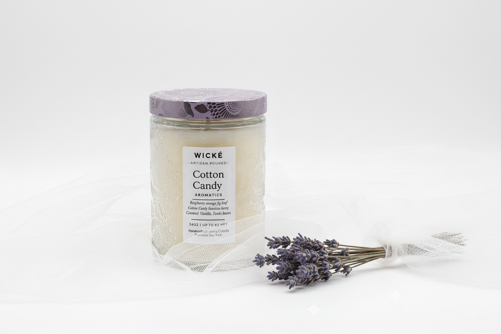 Wicke candle with a purple lid on a white background