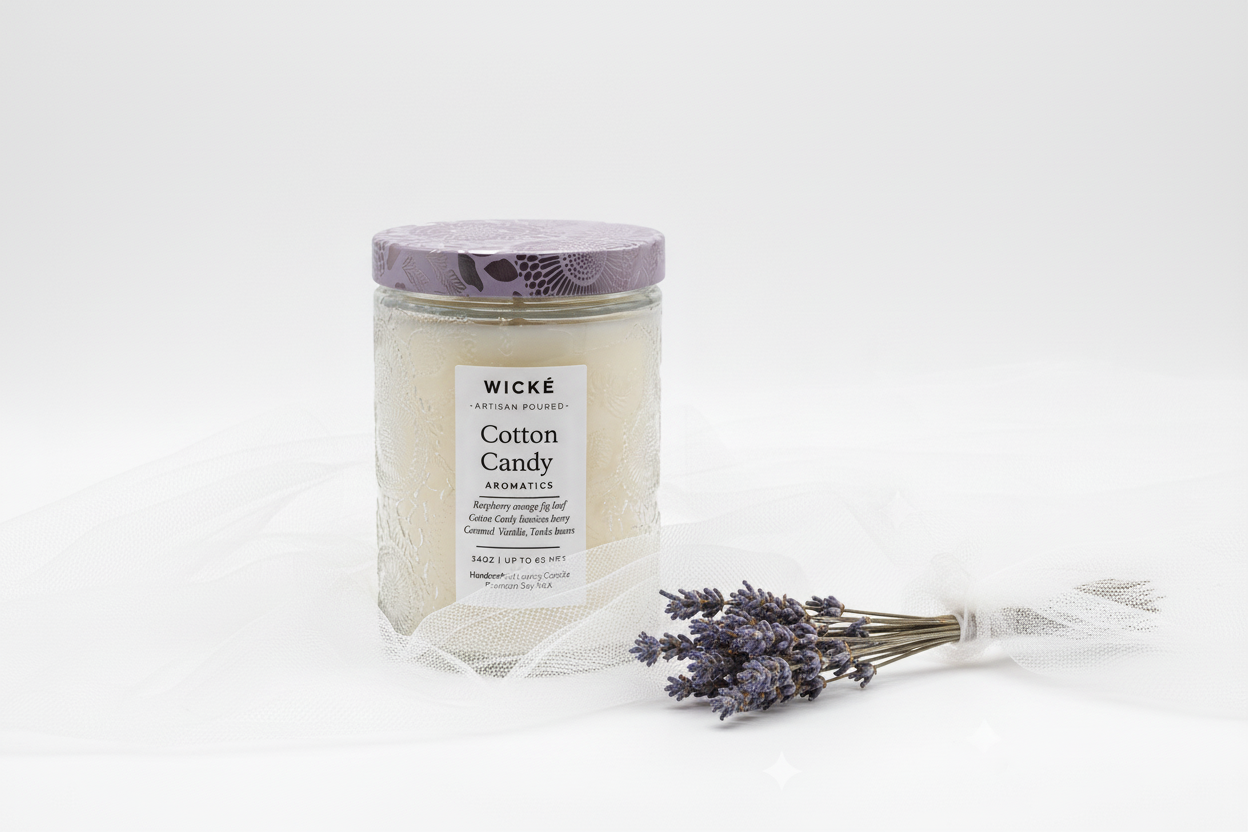 Wicke candle with a purple lid on a white background