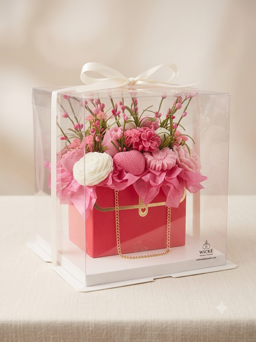 The dark pink luxury quilted purse candle bouquet by Wicke Artisan Candle, featuring detailed handcrafted sculptural flowers inside a clear acrylic display gift box.