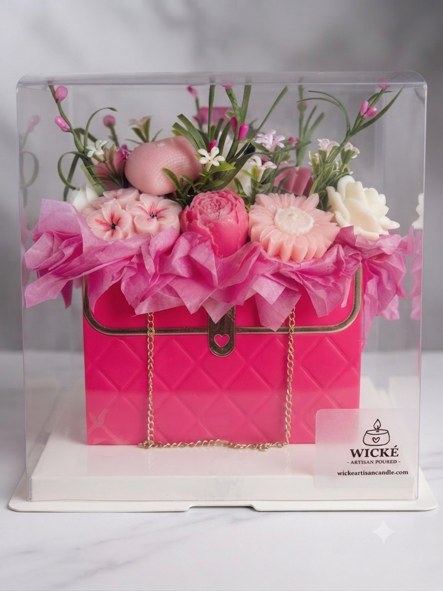 The dark pink luxury quilted purse candle bouquet by Wicke Artisan Candle, featuring detailed handcrafted sculptural flowers inside a clear acrylic display gift box.